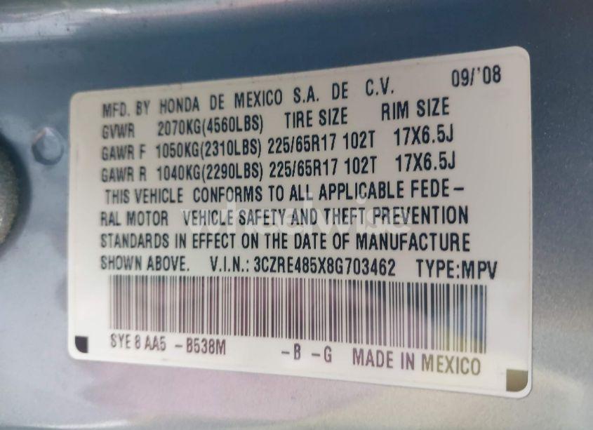 Photo 9 of 2008 Honda Cr-v EX (VIN 3CZRE485X8G703462)