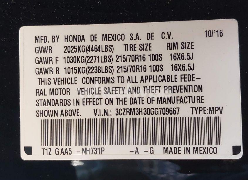 Photo 9 of 2016 Honda Cr-v LX (VIN 3CZRM3H30GG709667)
