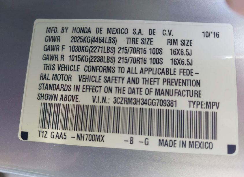 Photo 9 of 2016 Honda Cr-v LX (VIN 3CZRM3H34GG709381)
