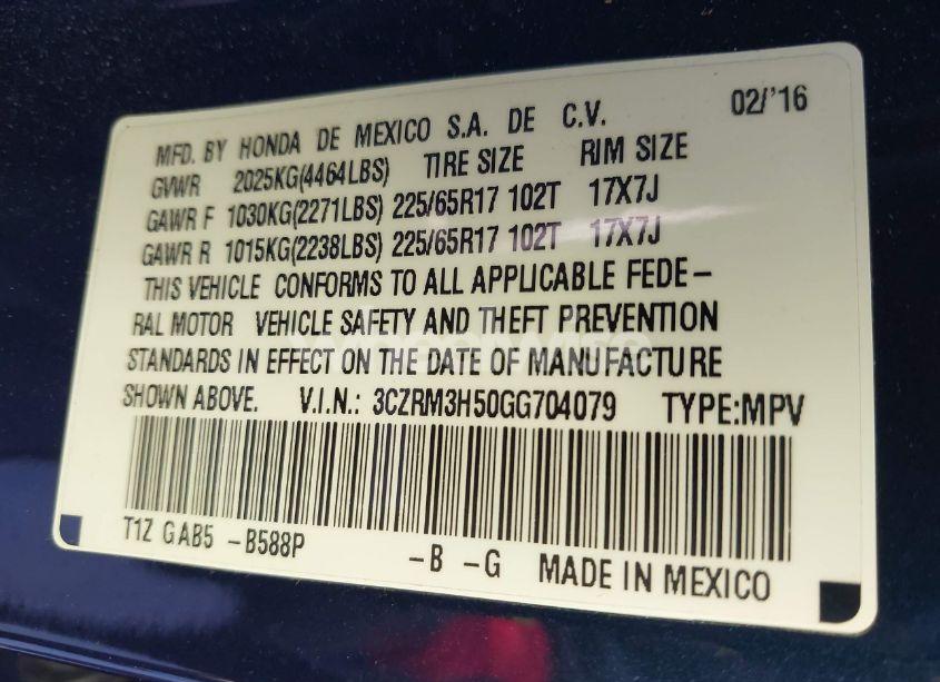 Photo 9 of 2016 Honda Cr-v EX (VIN 3CZRM3H50GG704079)