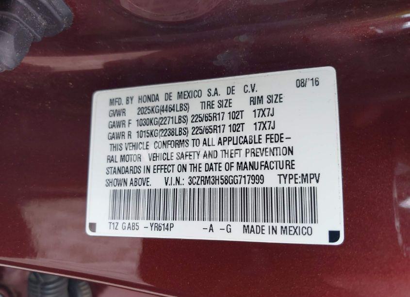 Photo 9 of 2016 Honda Cr-v EX (VIN 3CZRM3H58GG717999)