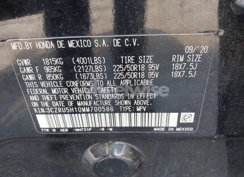 Photo 9 of 2021 Honda Hr-v 2WD SPORT (VIN 3CZRU5H10MM700586)