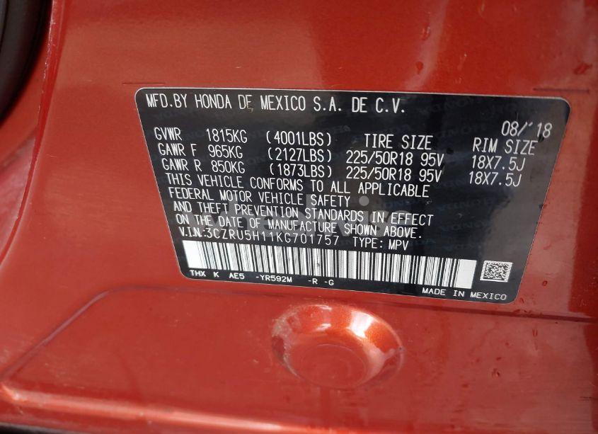 Photo 9 of 2019 Honda Hr-v SPORT (VIN 3CZRU5H11KG701757)