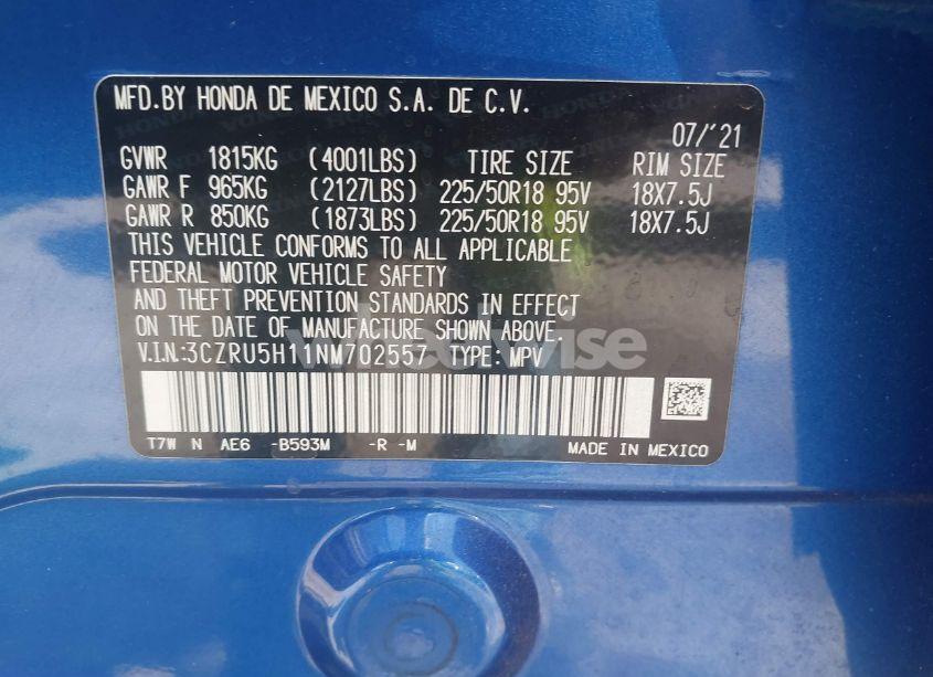 Photo 9 of 2022 Honda Hr-v 2WD SPORT (VIN 3CZRU5H11NM702557)