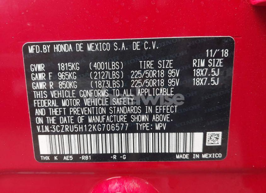 Photo 9 of 2019 Honda Hr-v SPORT (VIN 3CZRU5H12KG706577)