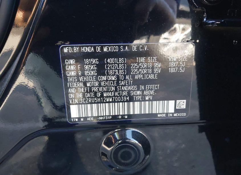 Photo 9 of 2021 Honda Hr-v 2WD SPORT (VIN 3CZRU5H12MM700394)