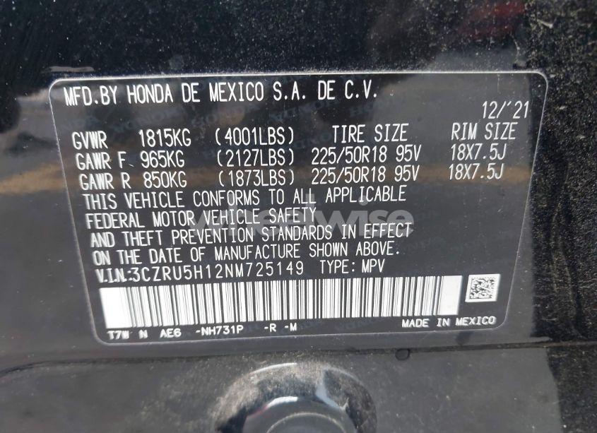 Photo 9 of 2022 Honda Hr-v 2WD SPORT (VIN 3CZRU5H12NM725149)