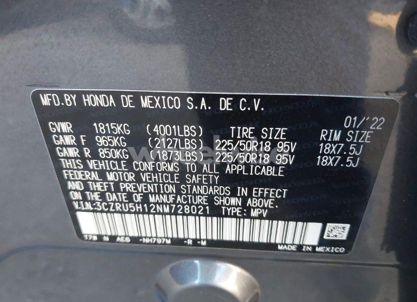 Photo 9 of 2022 Honda Hr-v 2WD SPORT (VIN 3CZRU5H12NM728021)