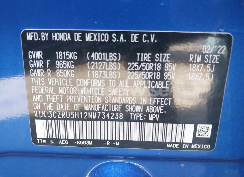 Photo 9 of 2022 Honda Hr-v 2WD SPORT (VIN 3CZRU5H12NM734238)