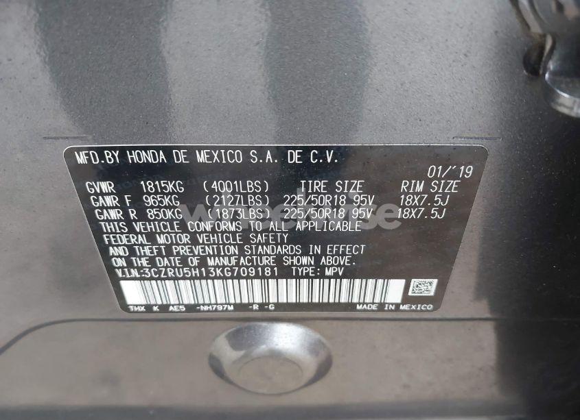 Photo 9 of 2019 Honda Hr-v SPORT (VIN 3CZRU5H13KG709181)