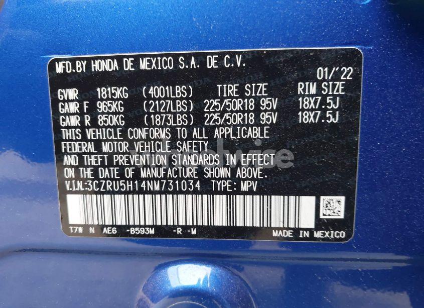 Photo 9 of 2022 Honda Hr-v 2WD SPORT (VIN 3CZRU5H14NM731034)