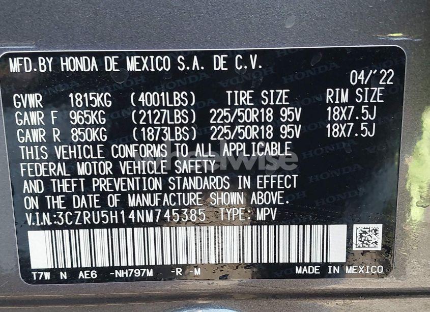 Photo 9 of 2022 Honda Hr-v 2WD SPORT (VIN 3CZRU5H14NM745385)