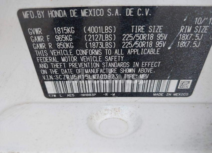 Photo 9 of 2020 Honda Hr-v 2WD SPORT (VIN 3CZRU5H15LM700923)