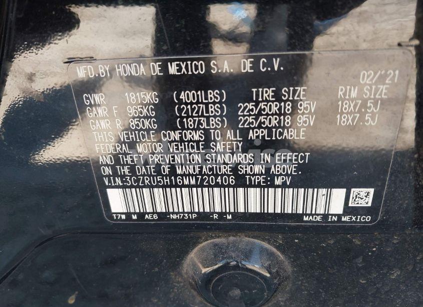 Photo 9 of 2021 Honda Hr-v 2WD SPORT (VIN 3CZRU5H16MM720406)