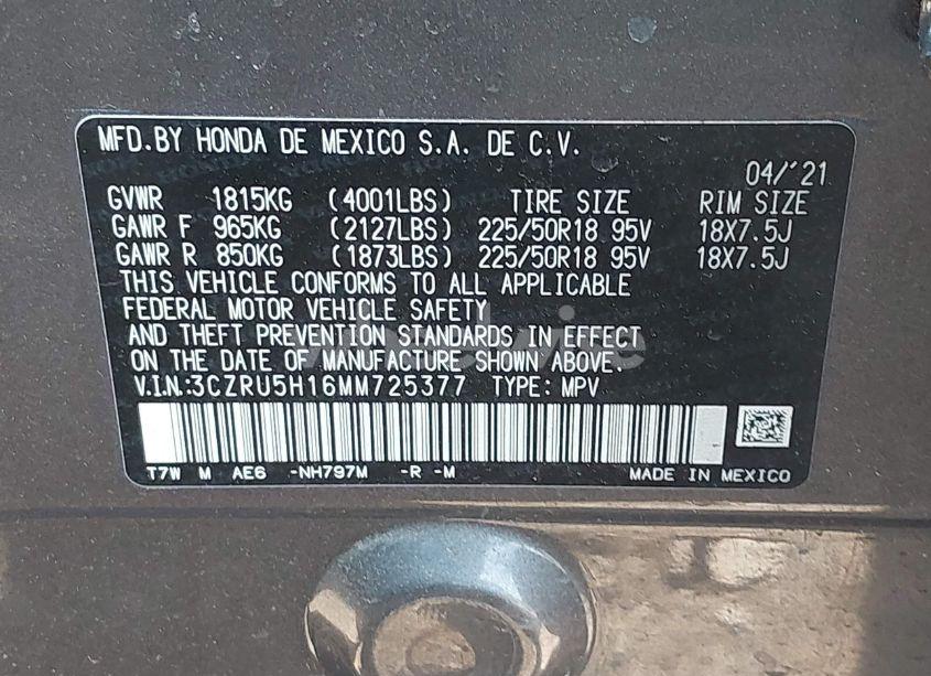 Photo 9 of 2021 Honda Hr-v 2WD SPORT (VIN 3CZRU5H16MM725377)