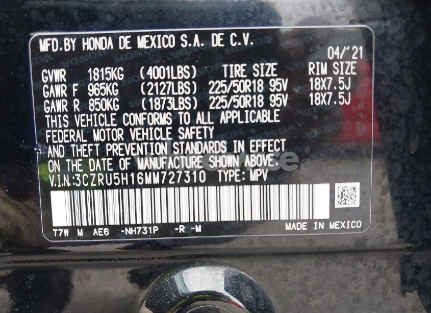 Photo 9 of 2021 Honda Hr-v 2WD SPORT (VIN 3CZRU5H16MM727310)