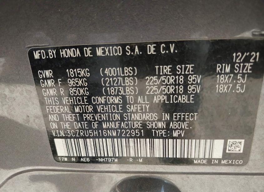 Photo 9 of 2022 Honda Hr-v 2WD SPORT (VIN 3CZRU5H16NM722951)