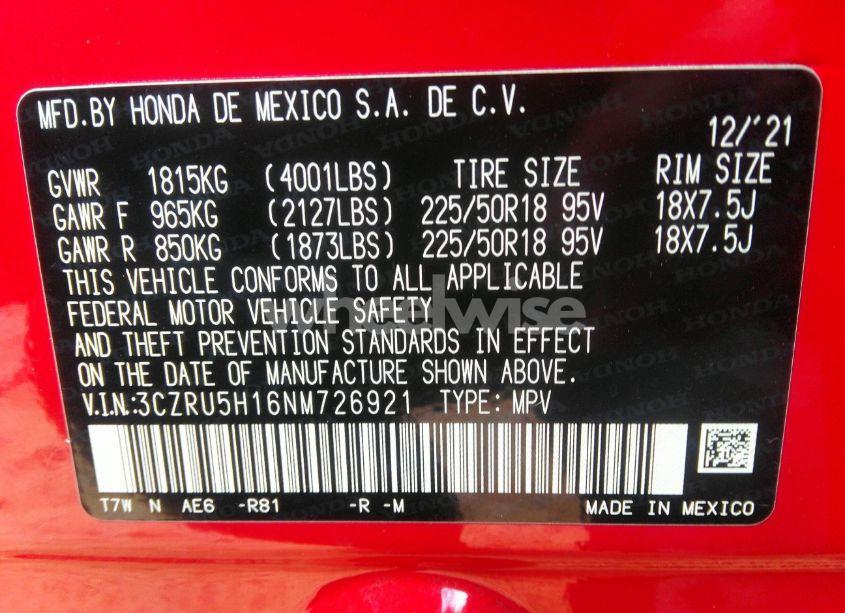 Photo 9 of 2022 Honda Hr-v 2WD SPORT (VIN 3CZRU5H16NM726921)