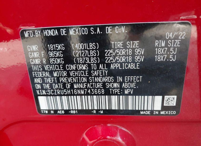 Photo 9 of 2022 Honda Hr-v 2WD SPORT (VIN 3CZRU5H16NM743668)