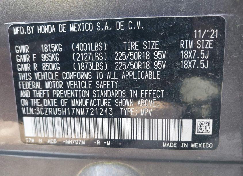 Photo 9 of 2022 Honda Hr-v 2WD SPORT (VIN 3CZRU5H17NM721243)