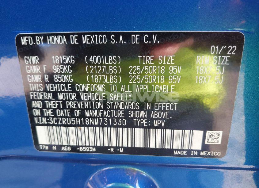 Photo 9 of 2022 Honda Hr-v 2WD SPORT (VIN 3CZRU5H18NM731330)
