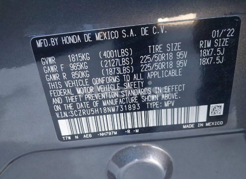Photo 9 of 2022 Honda Hr-v 2WD SPORT (VIN 3CZRU5H18NM731893)