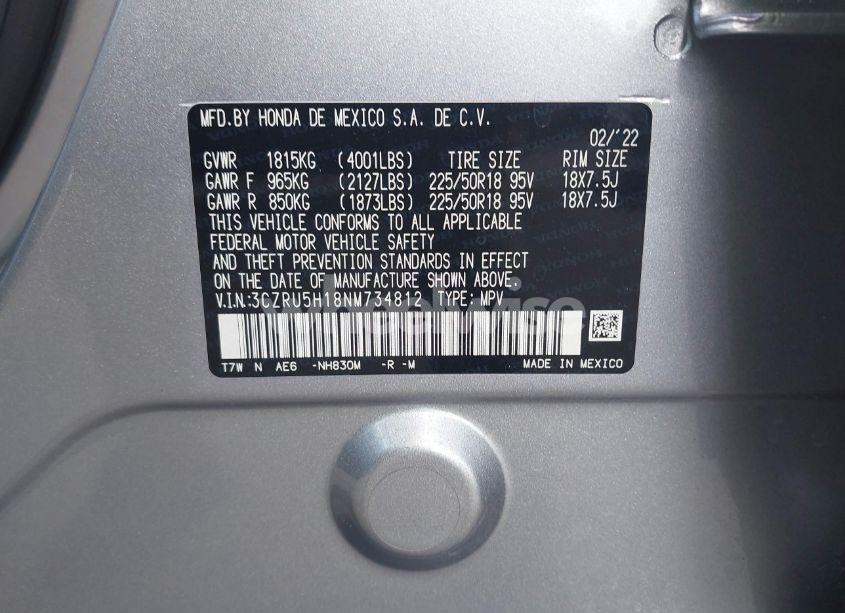 Photo 9 of 2022 Honda Hr-v 2WD SPORT (VIN 3CZRU5H18NM734812)