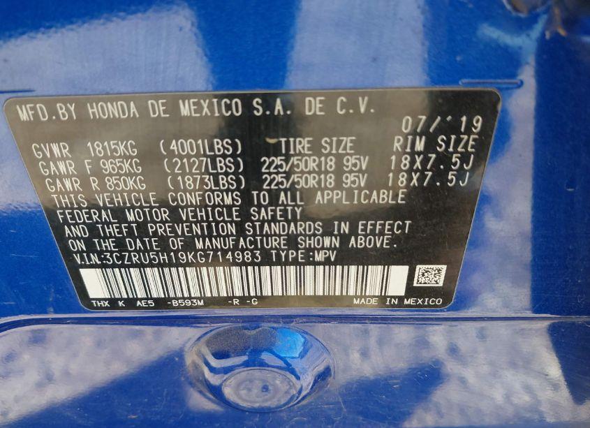 Photo 9 of 2019 Honda Hr-v SPORT (VIN 3CZRU5H19KG714983)