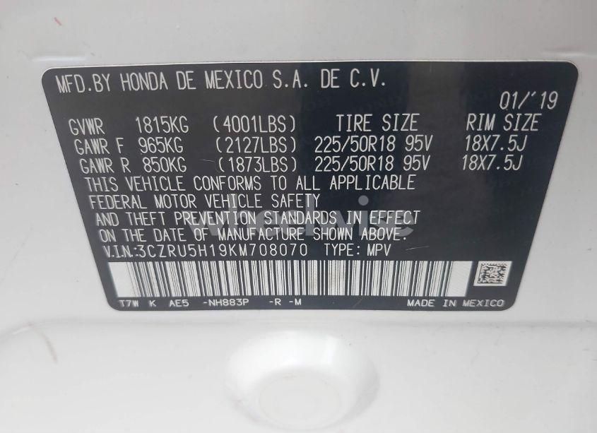 Photo 9 of 2019 Honda Hr-v SPORT (VIN 3CZRU5H19KM708070)