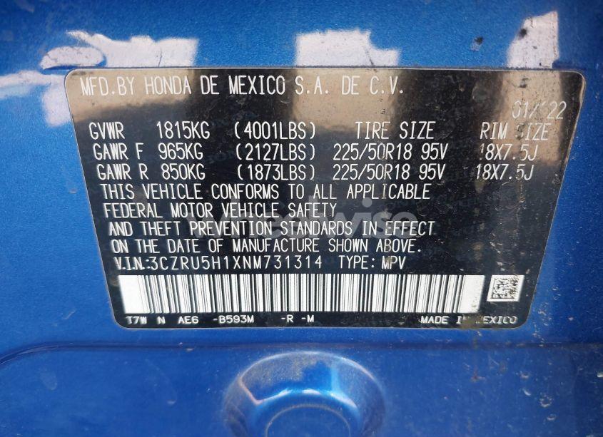 Photo 9 of 2022 Honda Hr-v 2WD SPORT (VIN 3CZRU5H1XNM731314)