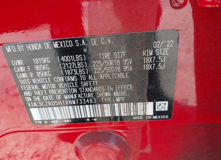 Photo 9 of 2022 Honda Hr-v 2WD SPORT (VIN 3CZRU5H1XNM733483)