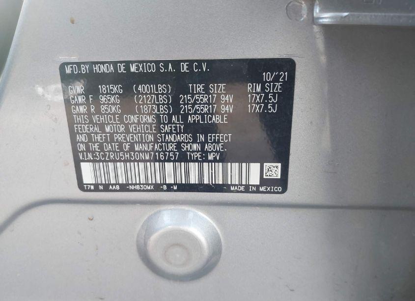 Photo 9 of 2022 Honda Hr-v 2WD LX (VIN 3CZRU5H30NM716757)