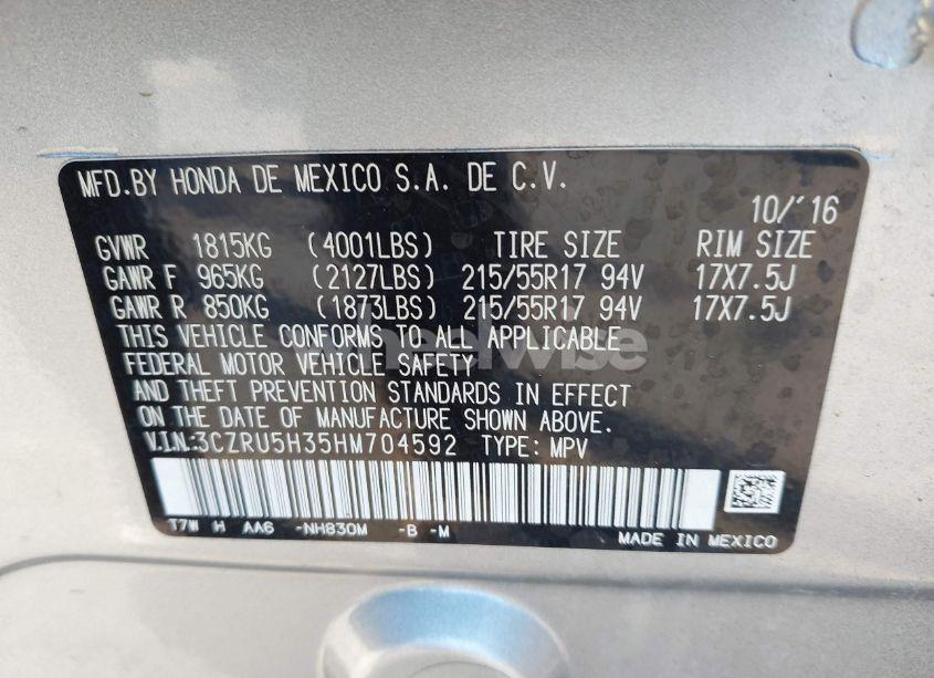 Photo 9 of 2017 Honda Hr-v LX (VIN 3CZRU5H35HM704592)