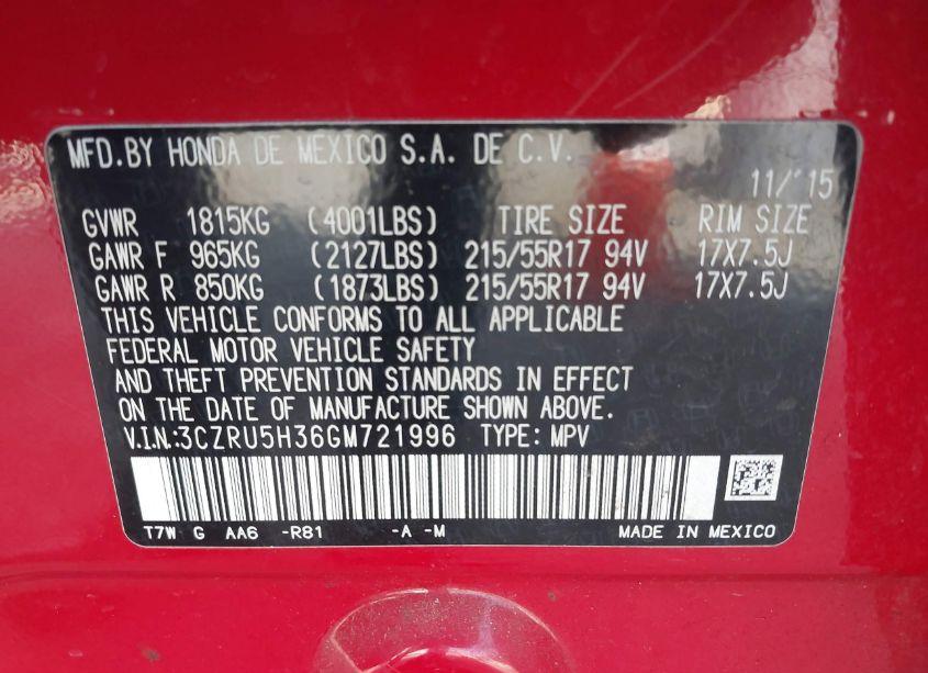 Photo 9 of 2016 Honda Hr-v LX (VIN 3CZRU5H36GM721996)