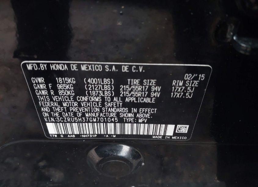 Photo 9 of 2016 Honda Hr-v LX (VIN 3CZRU5H37GM701045)