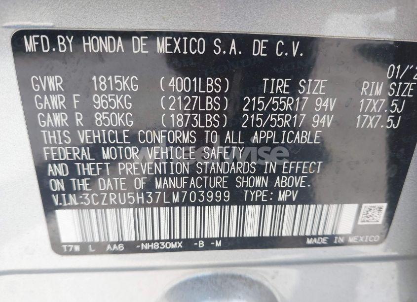 Photo 9 of 2020 Honda Hr-v 2WD LX (VIN 3CZRU5H37LM703999)