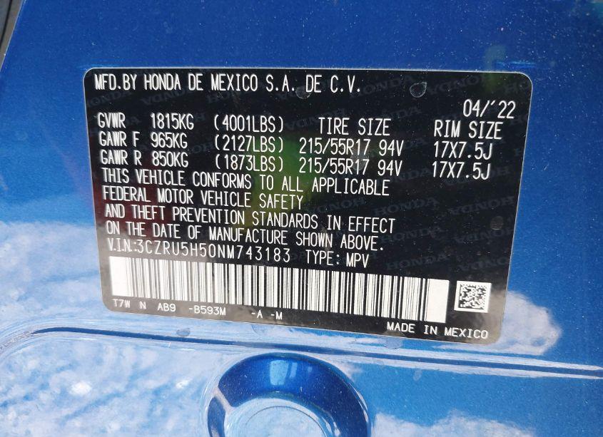 Photo 9 of 2022 Honda Hr-v 2WD EX (VIN 3CZRU5H50NM743183)