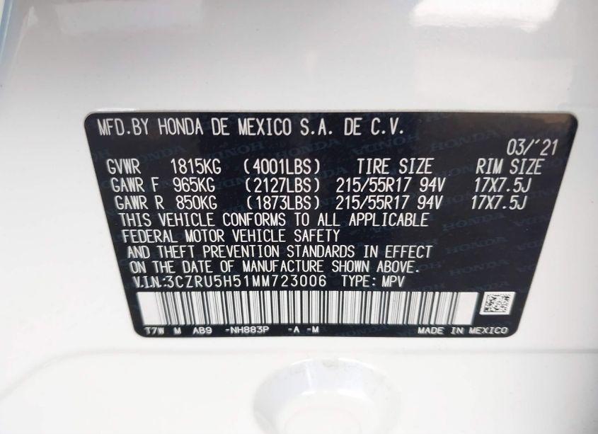 Photo 9 of 2021 Honda Hr-v 2WD EX (VIN 3CZRU5H51MM723006)