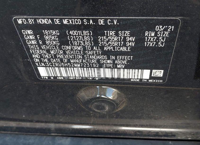 Photo 9 of 2021 Honda Hr-v 2WD EX (VIN 3CZRU5H52MM723192)