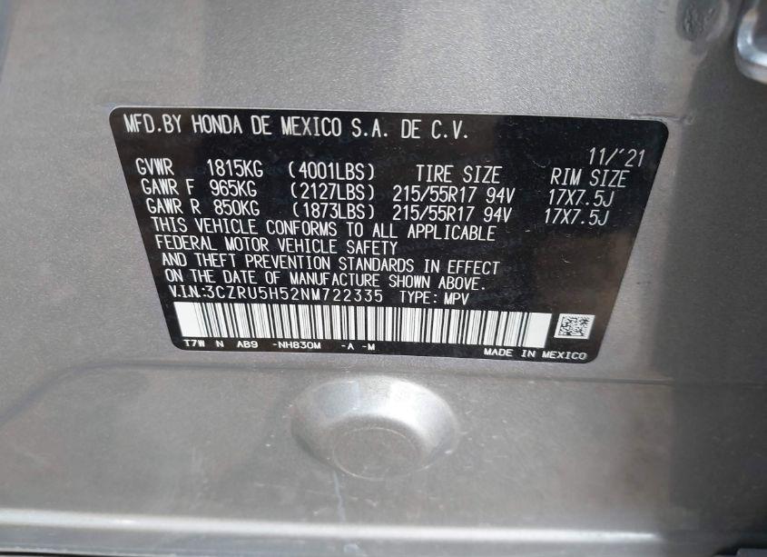 Photo 9 of 2022 Honda Hr-v 2WD EX (VIN 3CZRU5H52NM722335)