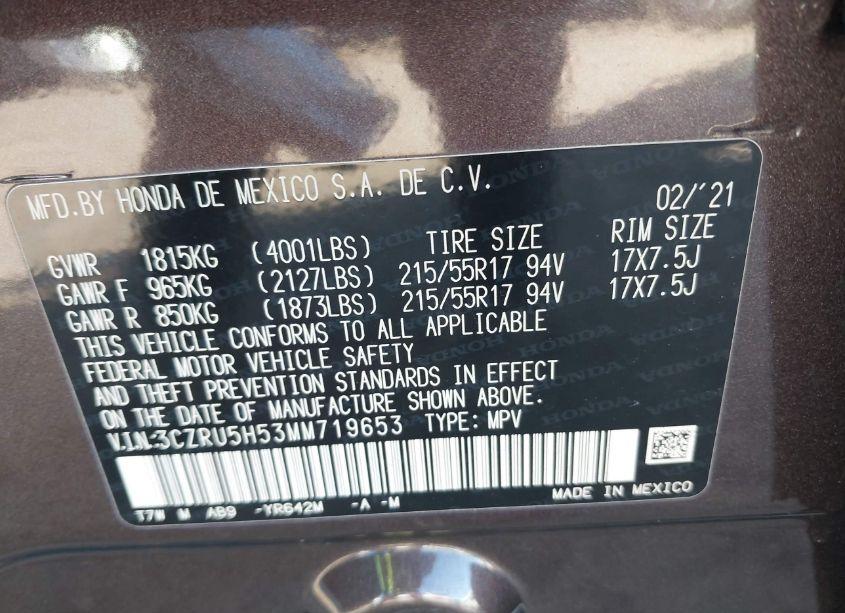 Photo 9 of 2021 Honda Hr-v 2WD EX (VIN 3CZRU5H53MM719653)