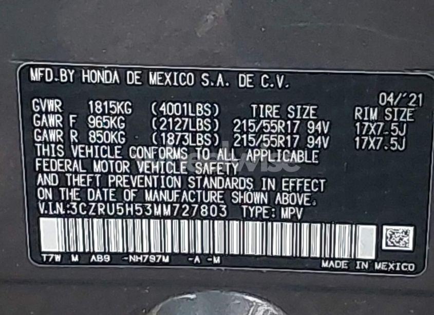 Photo 9 of 2021 Honda Hr-v 2WD EX (VIN 3CZRU5H53MM727803)