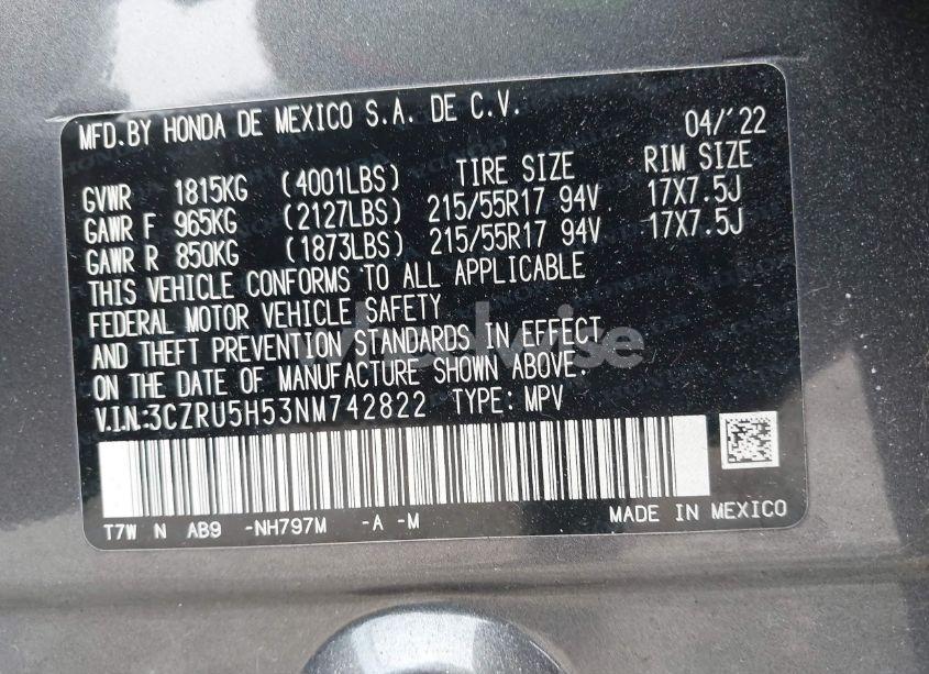 Photo 9 of 2022 Honda Hr-v 2WD EX (VIN 3CZRU5H53NM742822)