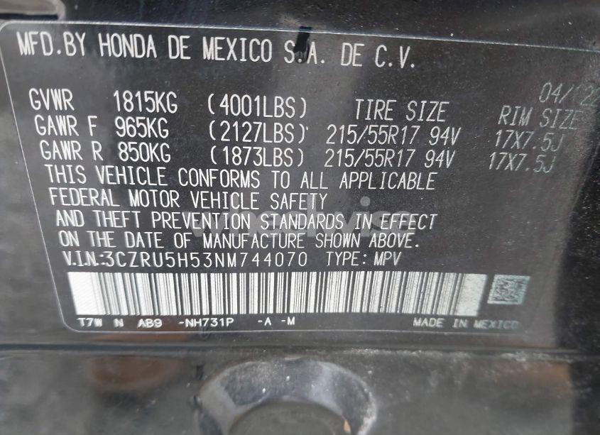Photo 9 of 2022 Honda Hr-v 2WD EX (VIN 3CZRU5H53NM744070)