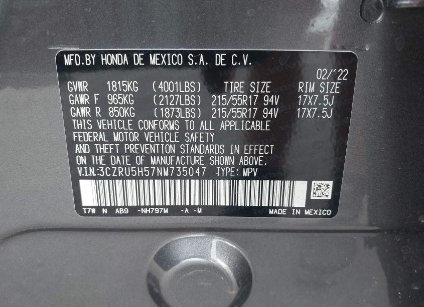 Photo 9 of 2022 Honda Hr-v 2WD EX (VIN 3CZRU5H57NM735047)