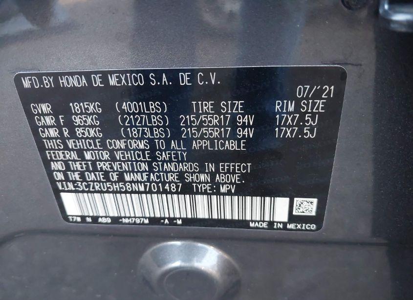 Photo 9 of 2022 Honda Hr-v 2WD EX (VIN 3CZRU5H58NM701487)