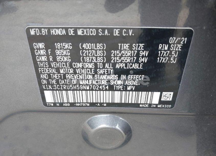 Photo 9 of 2022 Honda Hr-v 2WD EX (VIN 3CZRU5H59NM702454)