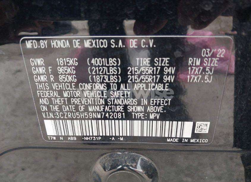 Photo 9 of 2022 Honda Hr-v 2WD EX (VIN 3CZRU5H59NM742081)