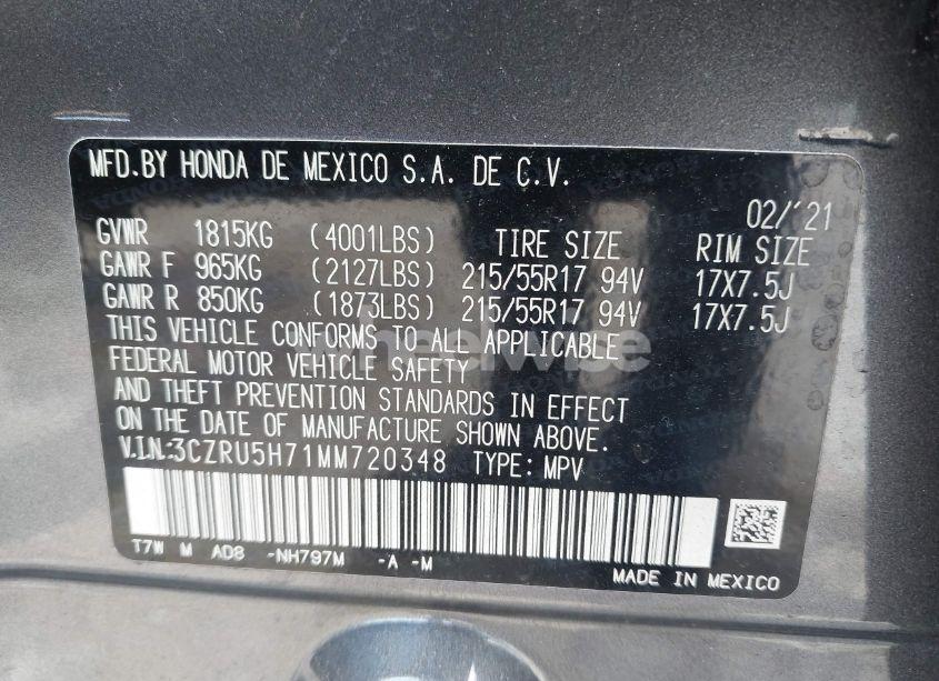 Photo 9 of 2021 Honda Hr-v 2WD EX-L (VIN 3CZRU5H71MM720348)