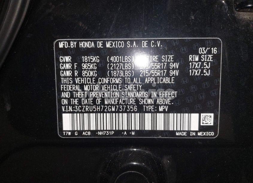 Photo 9 of 2016 Honda Hr-v EX-L (VIN 3CZRU5H72GM737356)